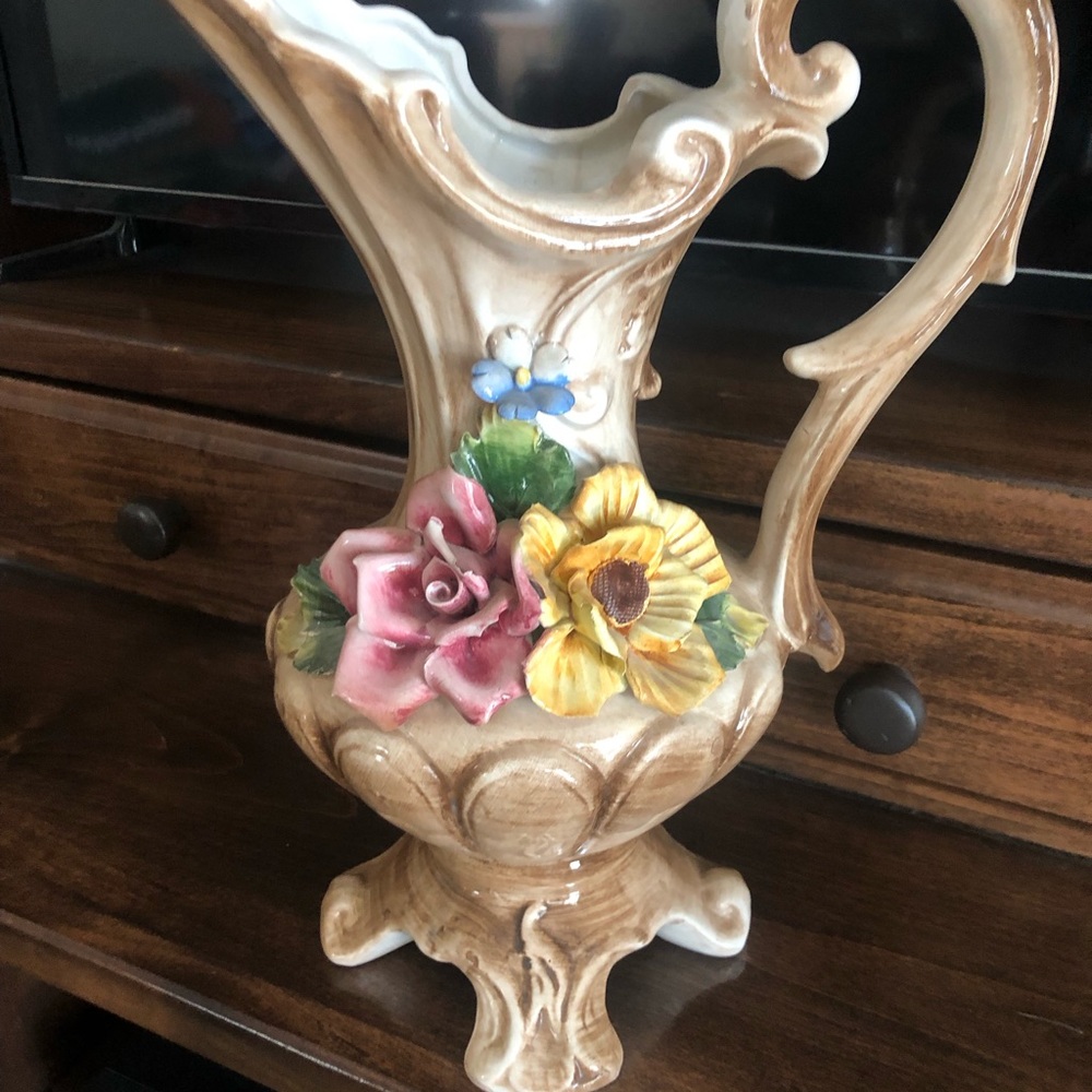 Vintage Capodimonte Ceramic Floral Vase - Pink & Yellow With Handle